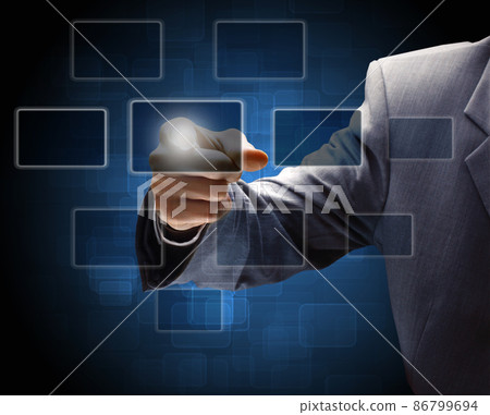 businessman hand pressing a button on a touch screen interface businessman hand pressing a button on a touch screen interface 86799694