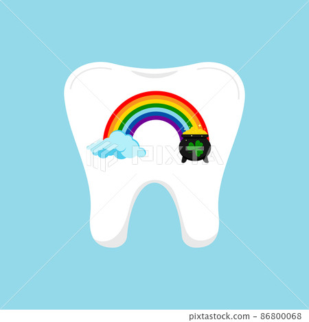 St Patrick tooth with rainbow and pot of gold coins and cloud icon isolated. St Patrick tooth with rainbow and pot of gold coins and cloud icon isolated. 86800068