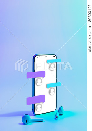 Online conversation sms chat. Message notification on smartphone screen. Email message, mail notification. Social network on neon background. Online conversation sms chat. Message notification on smartphone screen. Email message, mail notification. Social network on neon background. 86800102