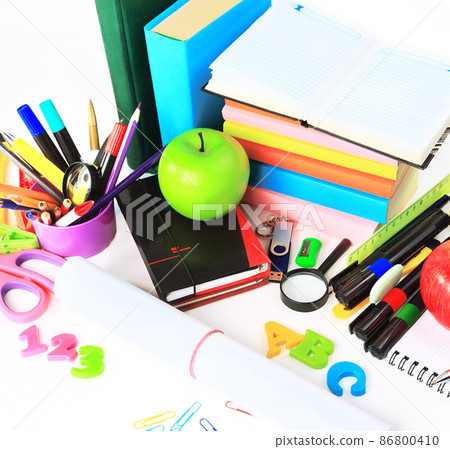 School stationery isolated over white with copyspace School stationery isolated over white with copyspace 86800410