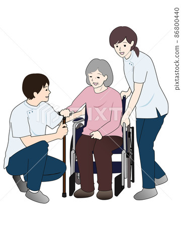 職業治療師、物理治療師、言語治療師的康復人員和坐在輪椅上的病人微笑著度過時光的插圖。 86800440