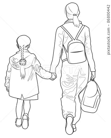 Contour image of mother with daughter going to school Contour image of mother with daughter going to school 86800442