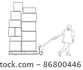 Woman worker transports boxes on hydraulic trolley 86800446