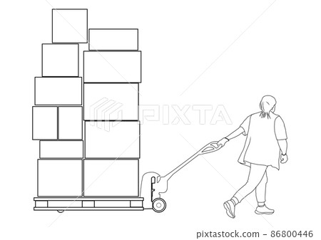 Woman worker transports boxes on hydraulic trolley 86800446