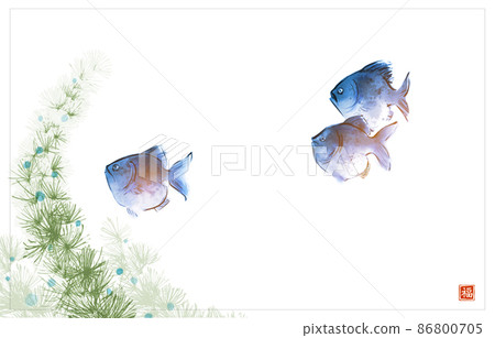 School of blue fish and green seaweed on white background. Traditional oriental ink painting sumi-e, u-sin, go-hua. Translation of hieroglyph - good luck School of blue fish and green seaweed on white background. Traditional oriental ink painting sumi-e, u-sin, go-hua. Translation of hieroglyph - good luck 86800705