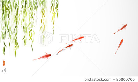 Green willow and red fishes in water. Traditional oriental ink painting sumi-e, u-sin, go-hua. Translation of hieroglyph - joy Green willow and red fishes in water. Traditional oriental ink painting sumi-e, u-sin, go-hua. Translation of hieroglyph - joy 86800706