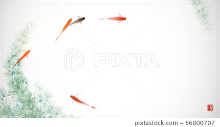 Liitle fishes and seaweed on white background. Traditional oriental ink painting sumi-e, u-sin, go-hua. Hieroglyph - double luck. Liitle fishes and seaweed on white background. Traditional oriental ink painting sumi-e, u-sin, go-hua. Hieroglyph - double luck. 86800707