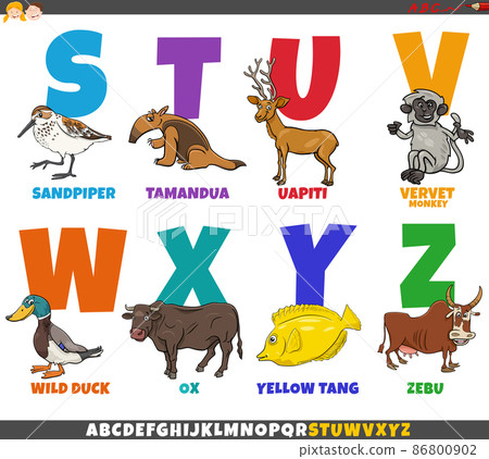 educational alphabet set with cartoon animal characters 86800902