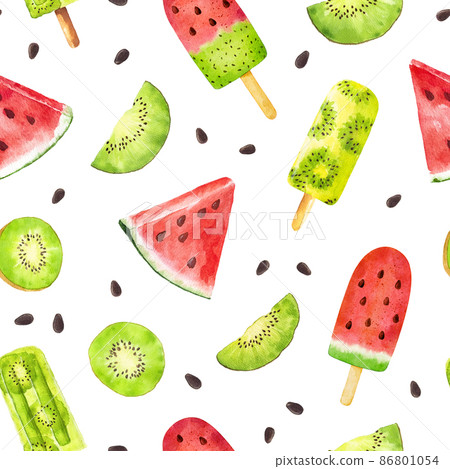 Seamless pattern with watercolor watermelon and kiwi fruit popsicle isolated on white background. Can be used for textile, wrapping paper, design menu, scrap book paper, invitations and other. 86801054