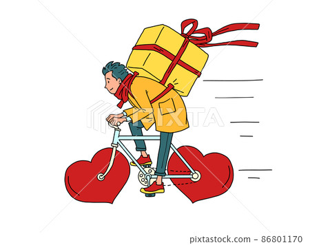 courier food delivery on a wheeled bicycle, Valentines Day. Red heart instead of wheels 86801170