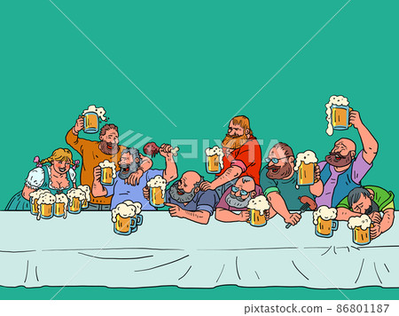 beer party, oktoberfest. Men drink beer in a restaurant, sit at a table beer party, oktoberfest. Men drink beer in a restaurant, sit at a table 86801187