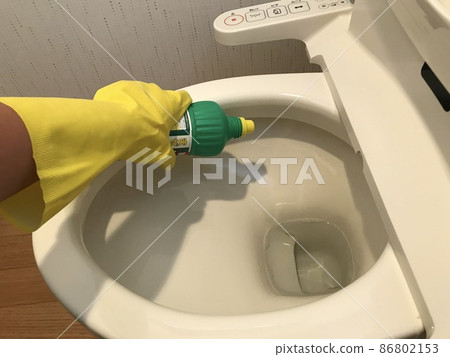 Toilet cleaning 1_ Cleaning the toilet with rubber gloves 86802153