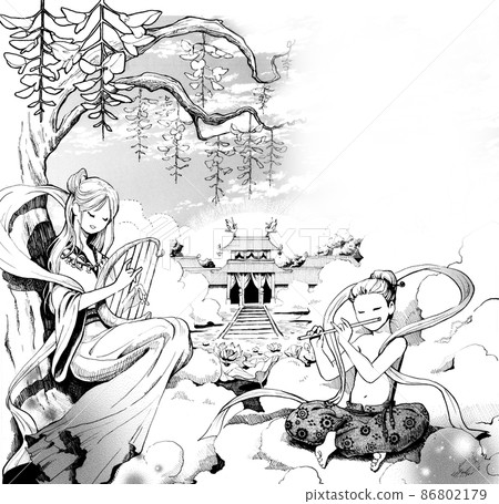 There is a space on the upper right of the monochrome illustration of a paradise-like image 86802179