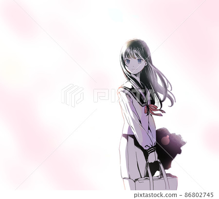 Schoolgirl in sailor suit with long black hair, shadow color only, background and smile 86802745
