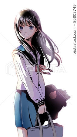 Schoolgirl with long black hair Anime-style - Stock Illustration  [99943682] - PIXTA