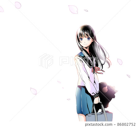 Schoolgirl in sailor suit with long black hair Color background Sakura only smile Schoolgirl in sailor suit with long black hair Color background Sakura only smile 86802752
