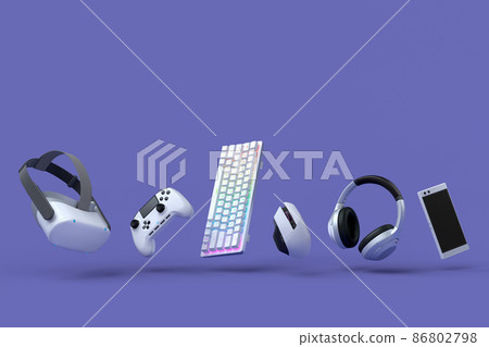 Flying gamer gears like mouse, keyboard, joystick, headset, VR Headset on purple table background. 3d rendering of accessories for live streaming concept top view Flying gamer gears like mouse, keyboard, joystick, headset, VR Headset on purple table background. 3d rendering of accessories for live streaming concept top view 86802798