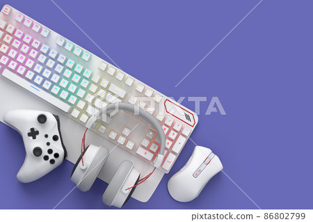 Top view of gamer workspace and gear like mouse, keyboard, joystick, headset on purple table background. 3d rendering of accessories for live streaming concept top view Top view of gamer workspace and gear like mouse, keyboard, joystick, headset on purple table background. 3d rendering of accessories for live streaming concept top view 86802799