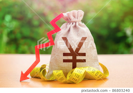 Chinese yuan or japanese yen money bag with down arrow and measure tape. Falling wages and welfare. Reduced wages, cuts in social benefits. Capital outflow. Decrease in discount rate by national bank Chinese yuan or japanese yen money bag with down arrow and measure tape. Falling wages and welfare. Reduced wages, cuts in social benefits. Capital outflow. Decrease in discount rate by national bank 86803240