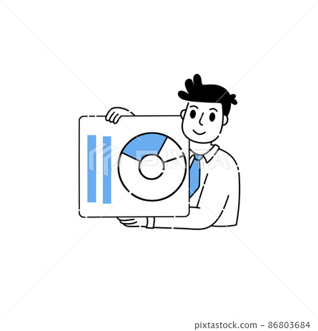 Business character show presentation. Analytics and marketing. Development of strategy. Pie chart on slide. Happy investor character. Man hold graph 86803684