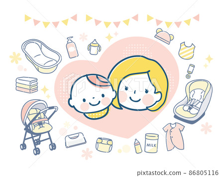 分娩準備和微笑的父母和孩子的形象的插圖素材 86805116