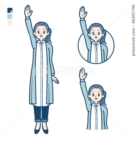 一個穿著長襯衫的女人舉手的插圖 86805790