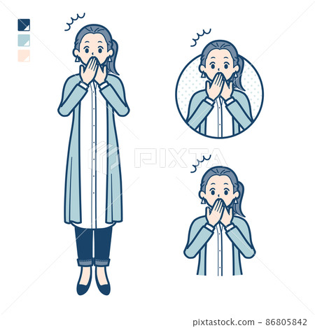 Illustration of a woman in a long shirt holding her mouth and being surprised 86805842