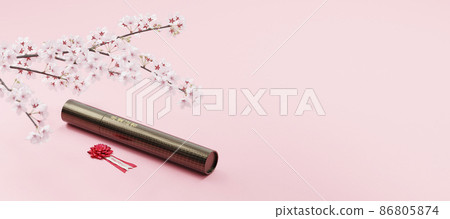 Diploma tube and red corsage placed on a pink background / Graduation / youth and refreshing concept image 86805874