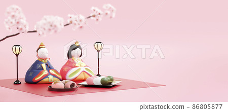 粉紅色背景上的 Hina 娃娃和日本糖果/帶複製空間的 Hinamatsuri 公平銷售的背景材料 86805877