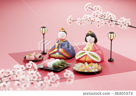 Hina dolls and Japanese sweets placed on a pink background / Hinamatsuri / Peach Festival concept image 86805878