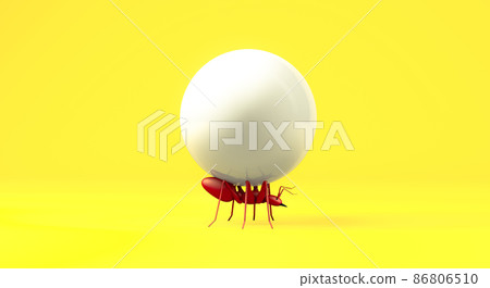 3d rendering, Close up realistic red ant lifting the white candy ball with blank empty space for your copy, isolated yellow background. 86806510