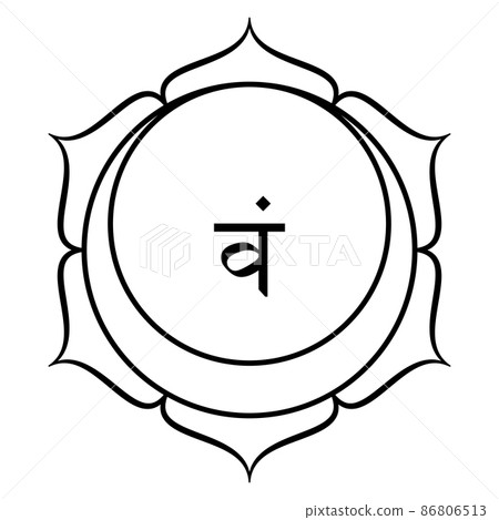 Svadhishthana, Sacral chakra, meaning where your being is established. Second chakra, located two finger-widths above Muladhara chakra. Lotus with 6 petals, crescent moon and seed syllable Vam, water. 86806513