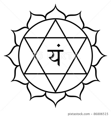 Anahata, Heart chakra, meaning unstruck, unhurt, unbeaten. Fourth chakra, located in the central channel of the spine near the heart. Lotus with 12 petals, hexagram, and seed syllable Yam, tattva air. 86806515