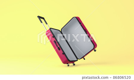 3D rendering, Close up of red suitcase falling down, empty opening luggage mock up, yellow color background. 3D rendering, Close up of red suitcase falling down, empty opening luggage mock up, yellow color background. 86806520