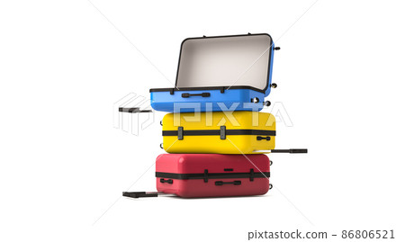 3D rendering, Close up opening and closing of suitcase pile, luggages stacking, isolated on white background. 3D rendering, Close up opening and closing of suitcase pile, luggages stacking, isolated on white background. 86806521