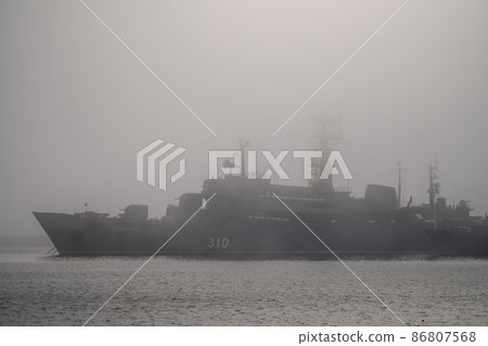 Russia. Kronstadt. May 4, 2020. The training ship Perekop in a foggy haze. Russia. Kronstadt. May 4, 2020. The training ship Perekop in a foggy haze. 86807568