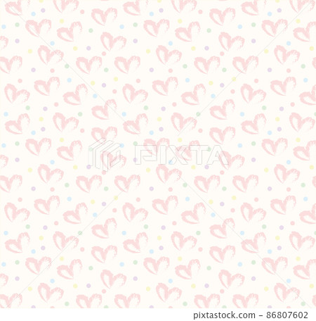 Seamless pattern of hand drawn hearts in red on beige and neutral background with colored dots in pastel rainbow colors 86807602