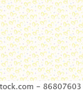 Seamless pattern of hand drawn hearts in yellow on beige and neutral background with colored dots in pastel rainbow colors 86807603