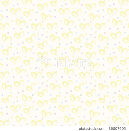 Seamless pattern of hand drawn hearts in yellow on beige and neutral background with colored dots in pastel rainbow colors 86807603