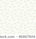 Seamless pattern of hand drawn hearts in green on beige and neutral background with colored dots in pastel rainbow colors 86807604