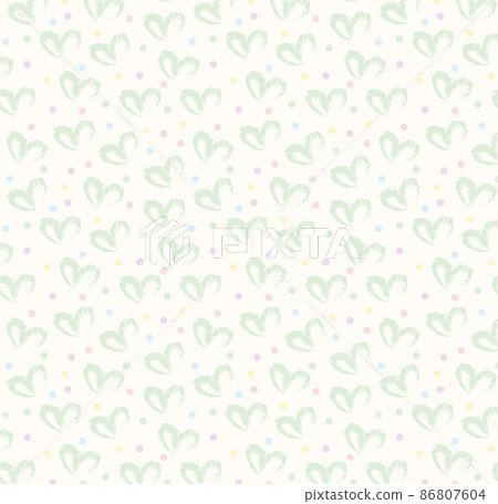 Seamless pattern of hand drawn hearts in green on beige and neutral background with colored dots in pastel rainbow colors Seamless pattern of hand drawn hearts in green on beige and neutral background with colored dots in pastel rainbow colors 86807604