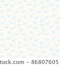Seamless pattern of hand drawn hearts in blue on beige and neutral background with colored dots in pastel rainbow colors 86807605
