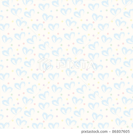 Seamless pattern of hand drawn hearts in blue on beige and neutral background with colored dots in pastel rainbow colors Seamless pattern of hand drawn hearts in blue on beige and neutral background with colored dots in pastel rainbow colors 86807605