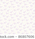 Seamless pattern of hand drawn hearts in purple on beige and neutral background with colored dots in pastel rainbow colors 86807606