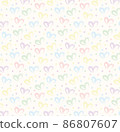Seamless pattern of hand drawn hearts in pastel rainbow colors on beige and neutral background 86807607