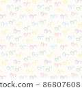 Seamless pattern of hand drawn hearts in pastel rainbow colors on beige and neutral background 86807608