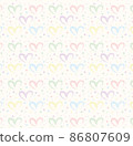 Seamless pattern of hand drawn hearts in pastel rainbow colors on beige and neutral background 86807609