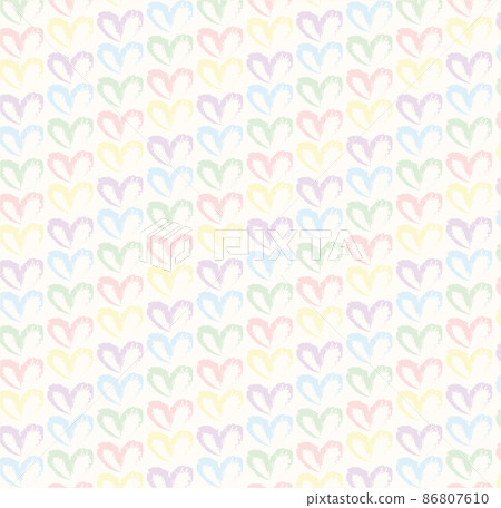 Seamless pattern of hand drawn hearts in pastel rainbow colors on beige and neutral background 86807610