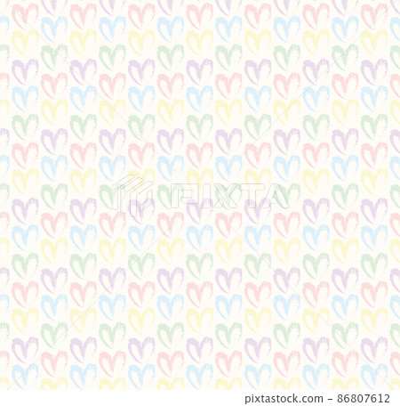 Seamless pattern of hand drawn hearts in pastel rainbow colors on beige and neutral background 86807612