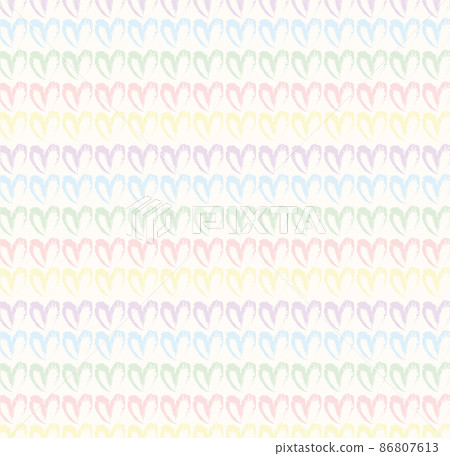 Seamless pattern of hand drawn hearts in pastel rainbow colors on beige and neutral background 86807613